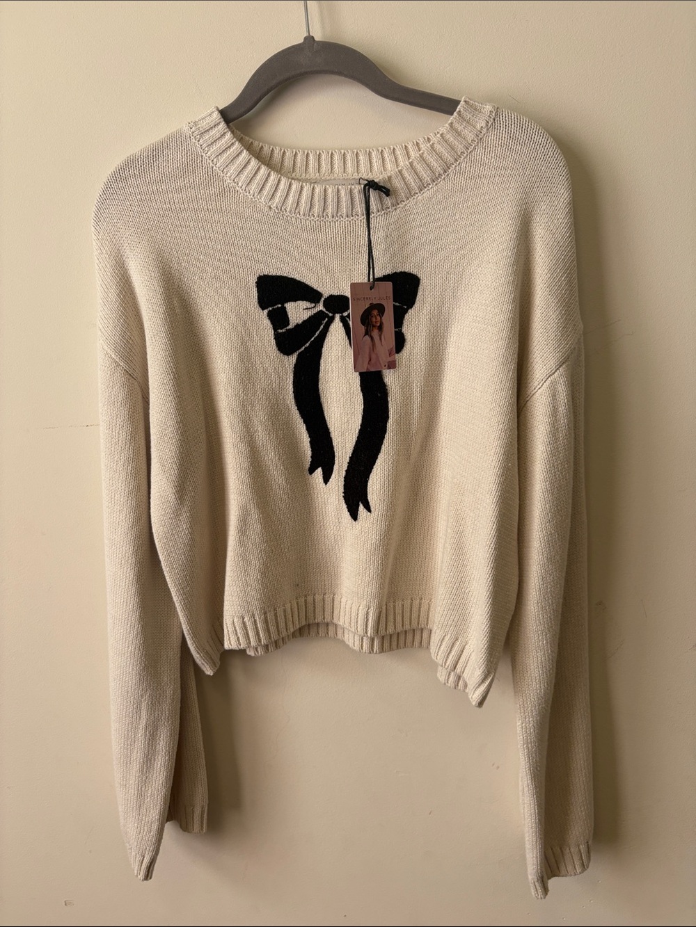 Sincerely Jules Cream Crewneck Sweater with Black Bow